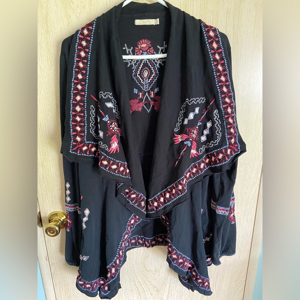 CAITE Intricate Embroidery Waterfall Open Cardigan Tribal Aztec Sz XL